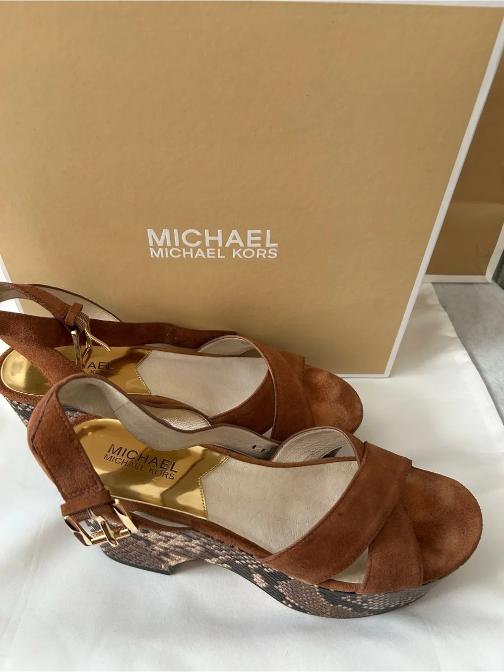🤎Michael Kors🤎Brown Suede w/Python Print ~ Crisscross Wedge Flatform Sandals EUC
